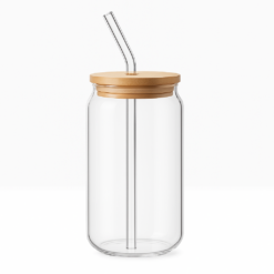 Drinking Glass Cup with Bamboo Lid and Straw