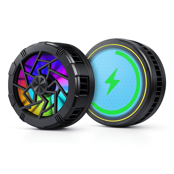 Magnetic Cooler AL-11 with RGB lights attached to the back of a smartphone.