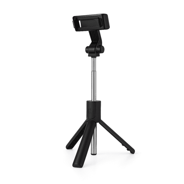 Selfie Stick R1-L standing as a tripod with a phone attached and Bluetooth remote nearby.