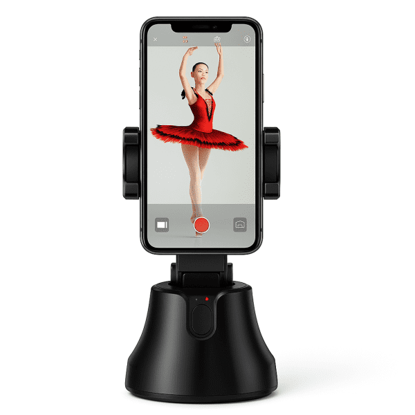 Apai Genie 360 holder rotating to track a user on a smartphone screen.