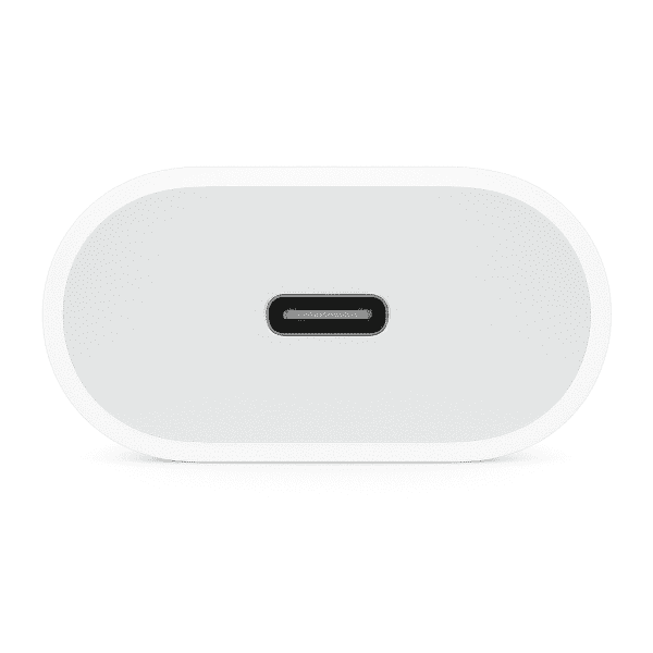White 20W USB-C Power Adapter plug isolated on a white background.