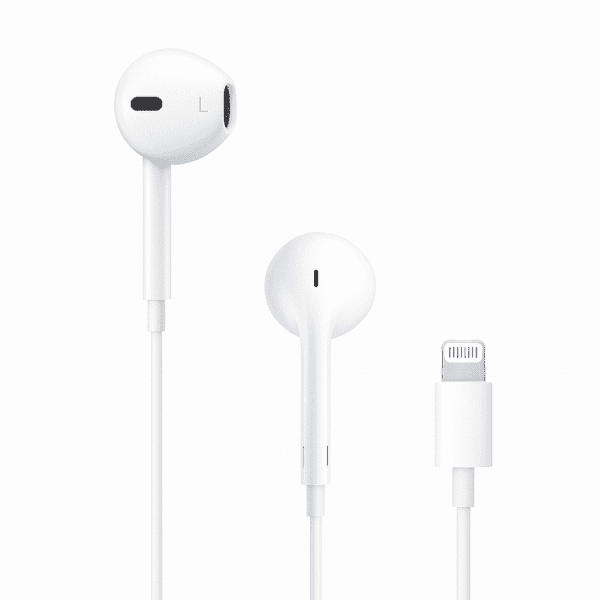 White EarPods with Lightning Connector coiled on a white background.