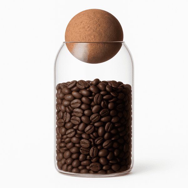 Kitchen Storage Jar with Ball Lid filled with coffee beans on a wooden counter.