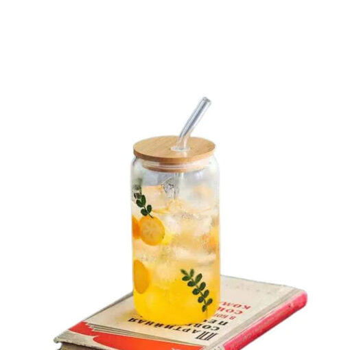 Drinking Glass Cup with Bamboo Lid and Straw - Image 2