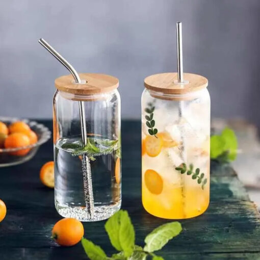 Drinking Glass Cup with Bamboo Lid and Straw - Image 3