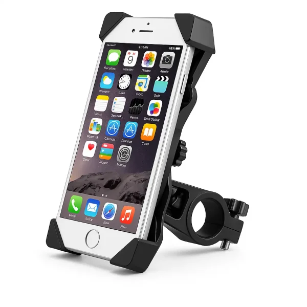 Universal Bike Holder CH-01 mounted on a bicycle handlebar with a smartphone displaying a map.