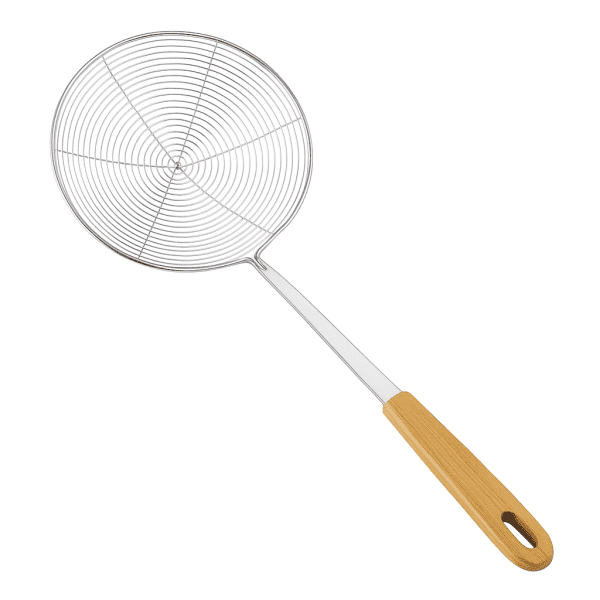 wooden and stainless steel skimmer strainer kitchen tool