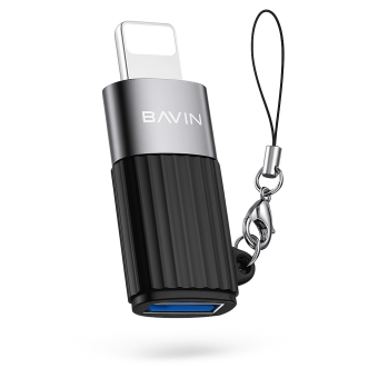 Bavin iOS to USB OTG Adapter plugged into an iPhone with a USB drive attached.