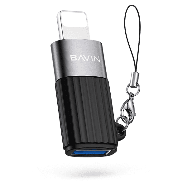 Bavin iOS to USB OTG Adapter plugged into an iPhone with a USB drive attached.