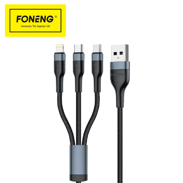 Foneng X51 3-in-1 Charging Cable showing Lightning, Type-C, and Micro USB connectors.