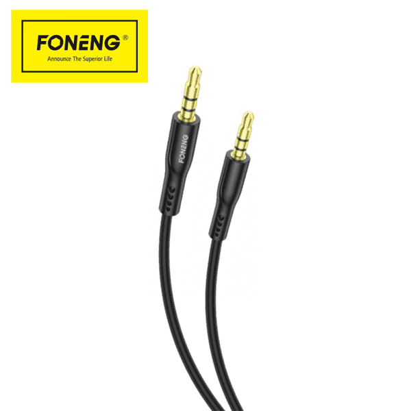 Foneng BM22 AUX Audio Cable coiled up showing gold-plated 3.5mm connectors.