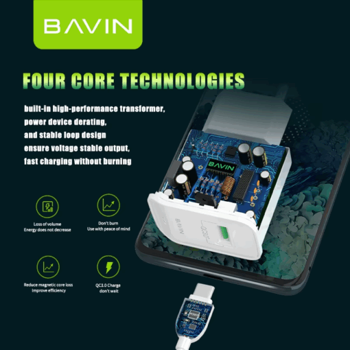 Bavin PC102Y Qualcomm 3.0 Fast Charger with iOS Lightning Cable (18W) - Image 4