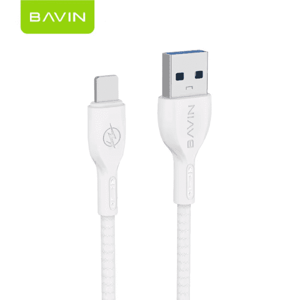 Bavin CB-222 iOS Lightning Cable coiled up with USB and Lightning connectors visible.
