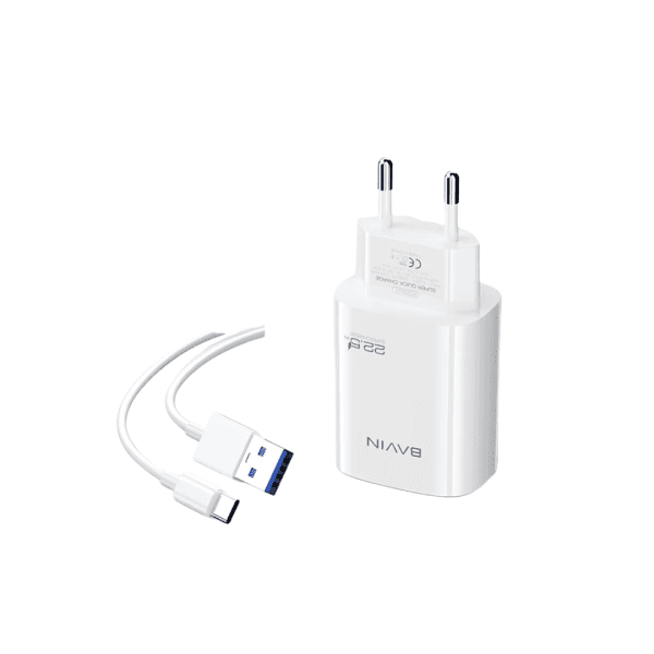 Bavin PC104Y 22.5W Fast Charger plugged into a wall socket with Micro USB cable.