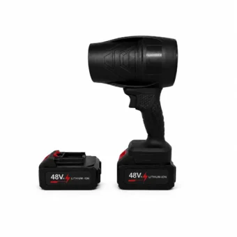 48V Cordless Blower With Two rechargeable Lithium-ion Batteries Isolated On A White Background.