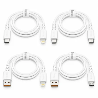 Four white German 1m fast-charging cables: USB-C to Lightning, USB-C to USB-C, USB-A to Lightning, and USB-A to Micro-USB.