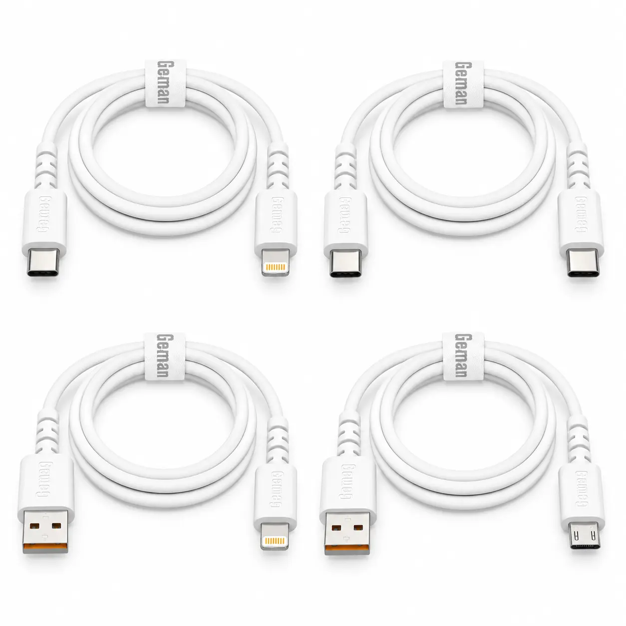 Four white German 1m fast-charging cables: USB-C to Lightning, USB-C to USB-C, USB-A to Lightning, and USB-A to Micro-USB.