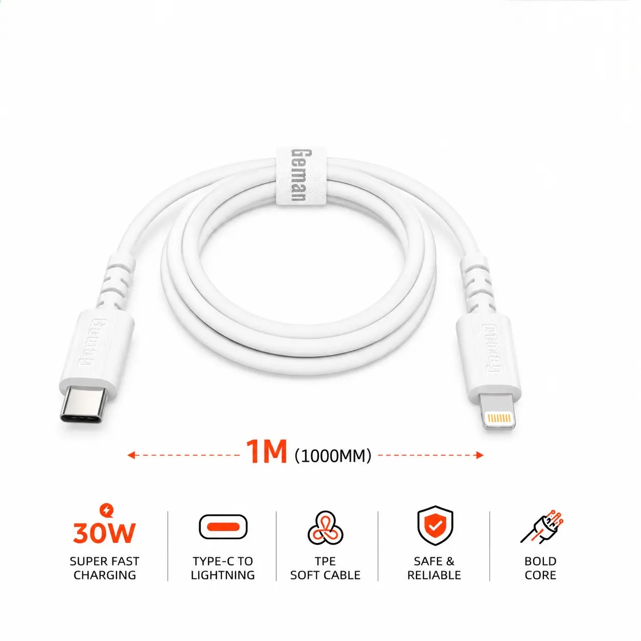 White German 30W USB-C to Lightning fast-charging cable, 1 meter