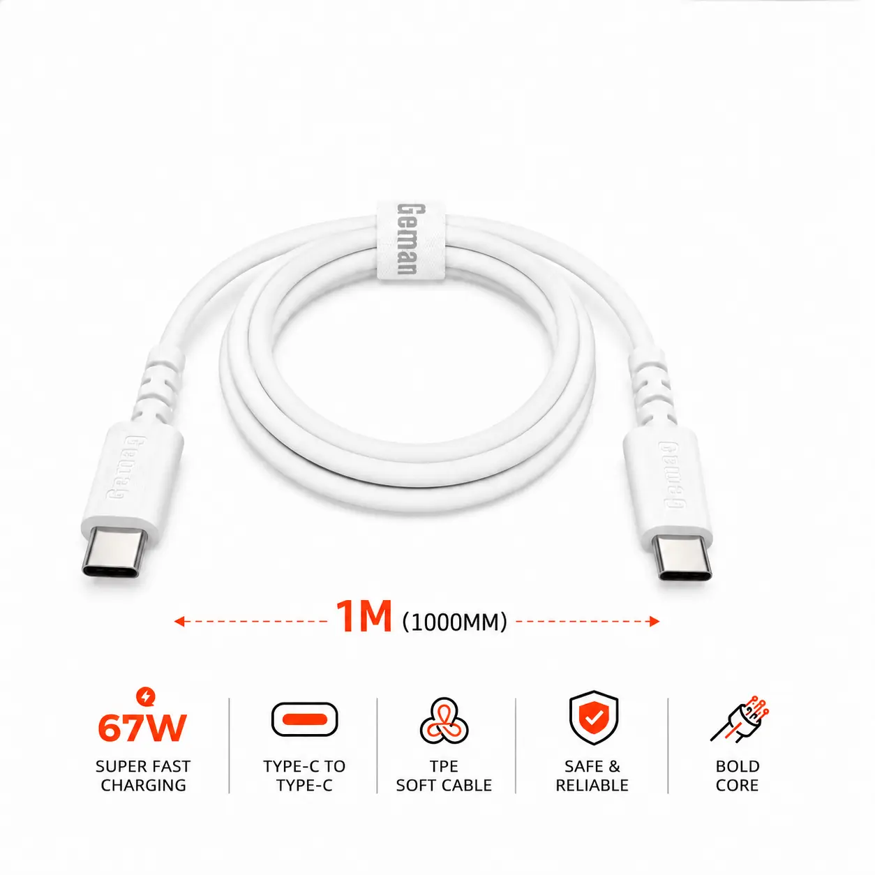White German 67W USB-C to USB-C fast-charging cable, 1 meter