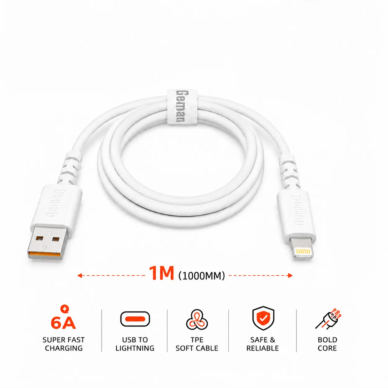 White German 6A USB-A to Lightning fast-charging cable, 1 meter