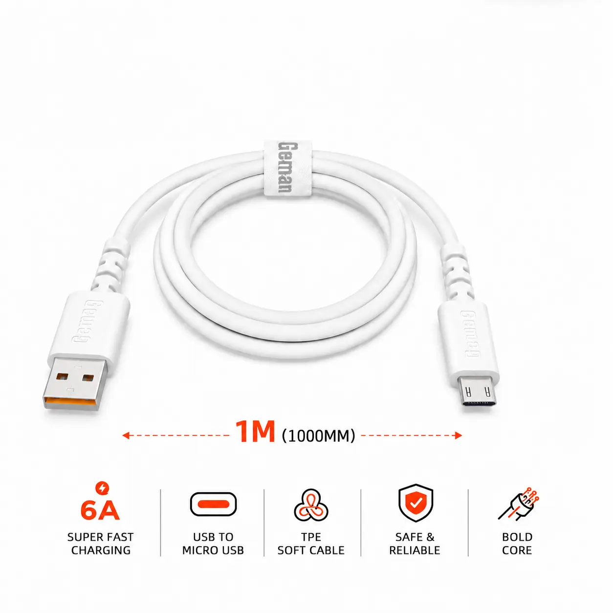 White German 6A USB-A to Micro-USB fast-charging cable, 1 meter
