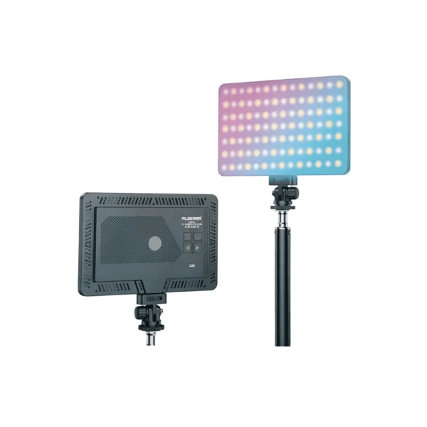 U480 PRO RGB LED Video Light mounted on a tripod displaying colorful light.