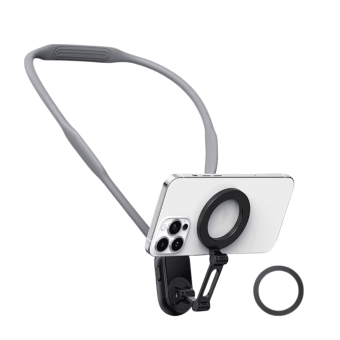 Gray Magnetic Neck Phone Holder with a smartphone attached around a user's neck.