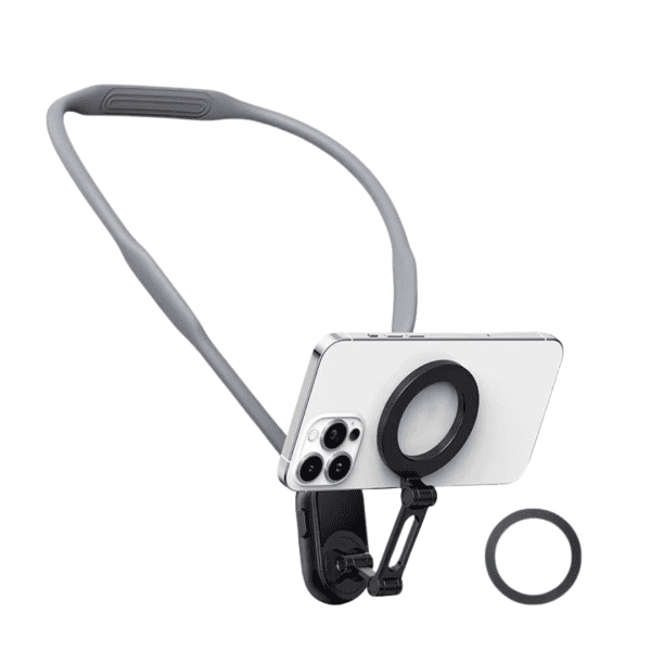 Gray Magnetic Neck Phone Holder with a smartphone attached around a user's neck.