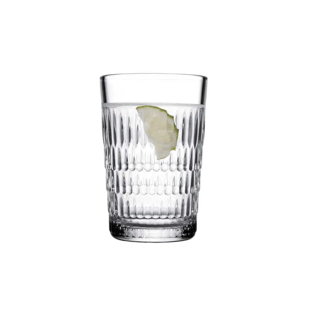 Pasabahce Rain textured glass filled with water and lime slice