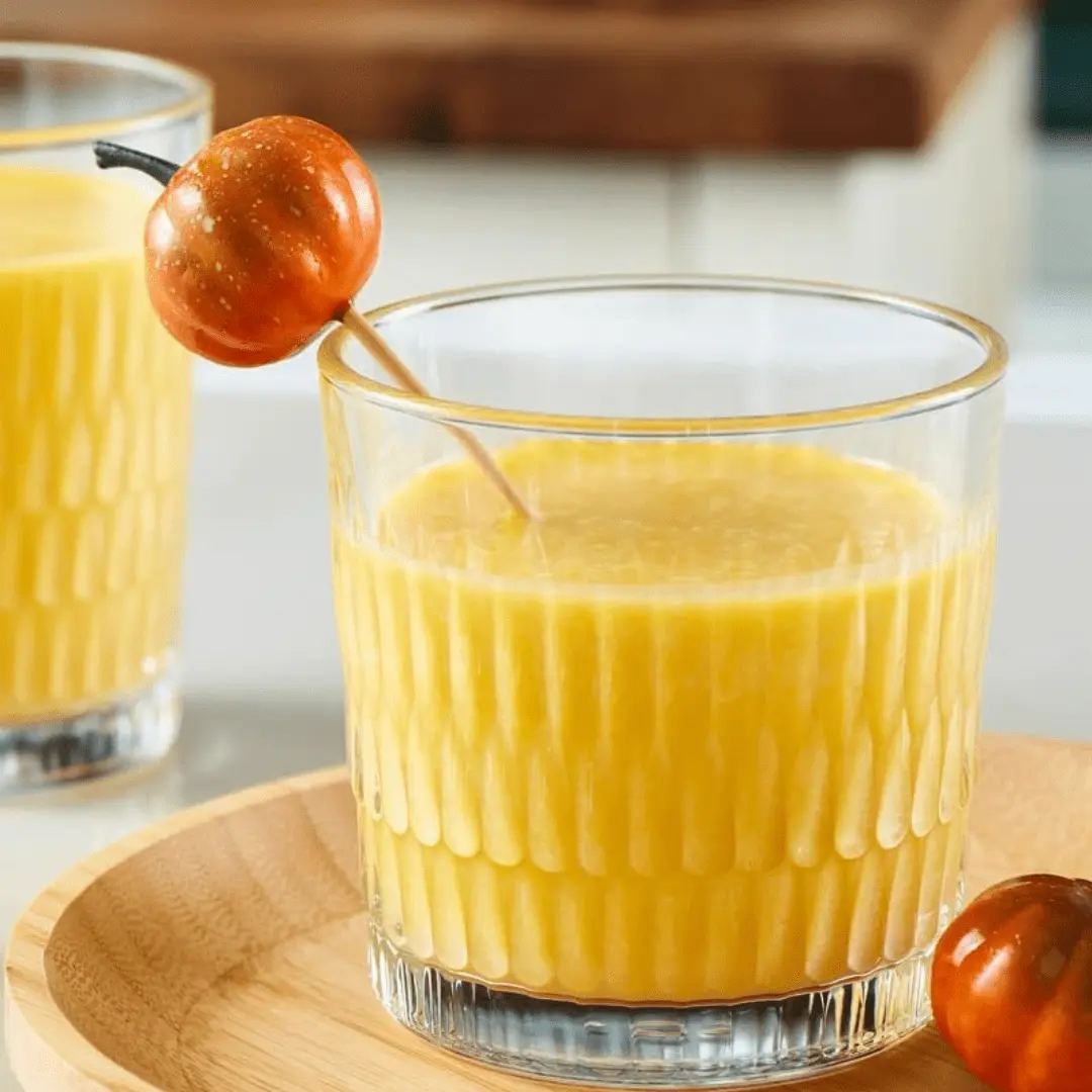 Close-up of Pasabahce Rain textured glass filled with golden pumpkin drink