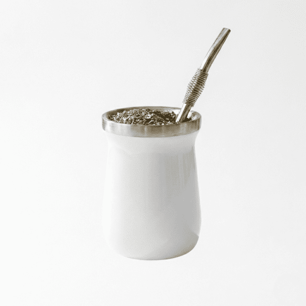 White and silver Premium Stainless Steel Mate Gourd with double-wall insulation on a table.