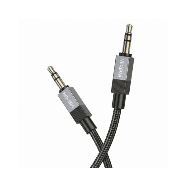 Nexera AUX Audio Cable coiled up showing the nylon braid and 3.5mm plugs.