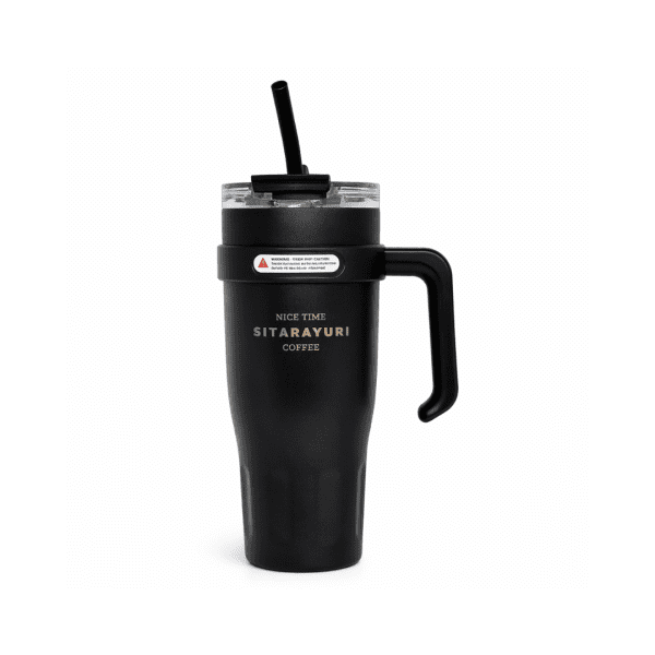 SITARAYURI 1200ML Double Walled Tumbler with handle and straw on a table.