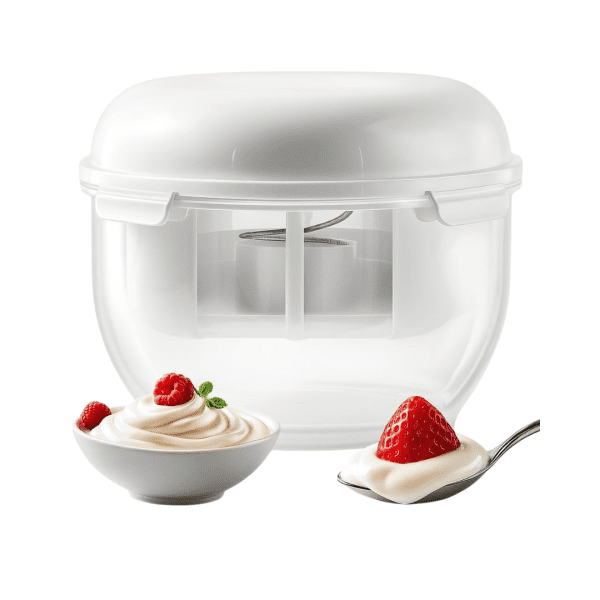 Barella Greek Yogurt Maker with spring pressure plate filled with thick white labne.