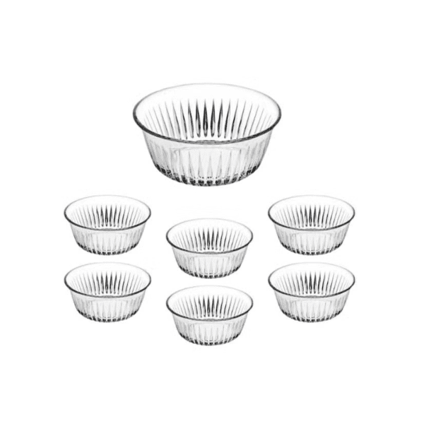 Pasabahce Frezya Glass Dessert Bowl Set arranged with one large bowl and six small bowls.
