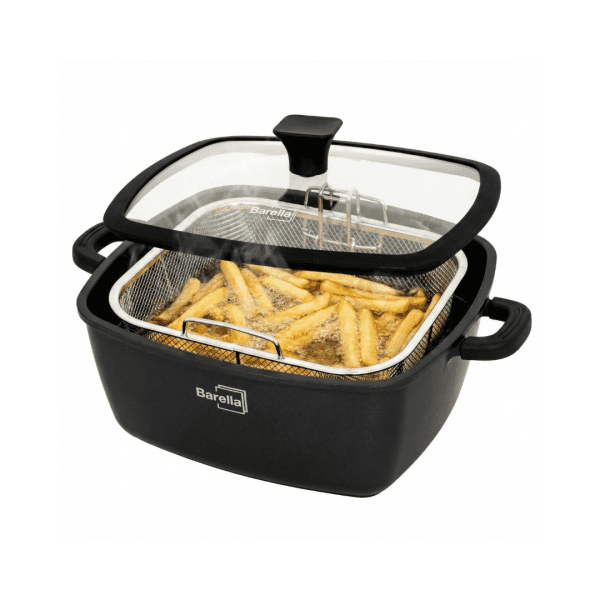 Barella Square Casserole Pot 28cm in matte black with stainless steel basket insert.