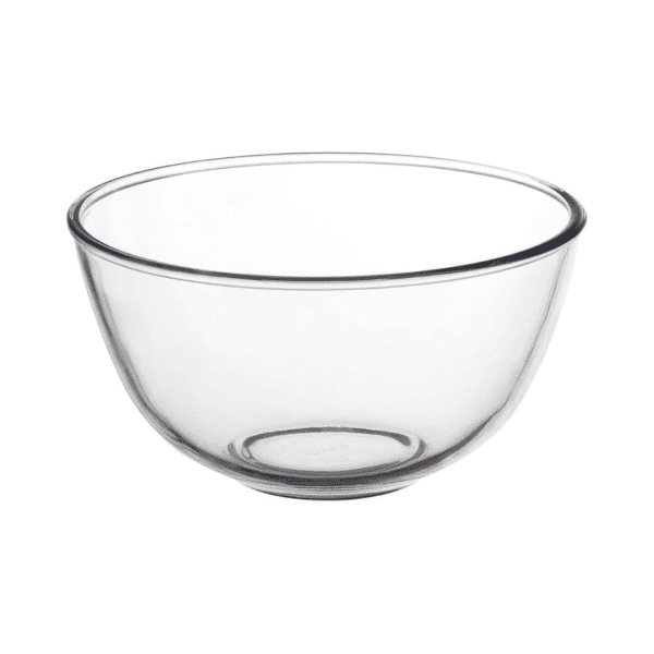 Empty Clear Glass Bowl 21cm sitting on a kitchen counter.