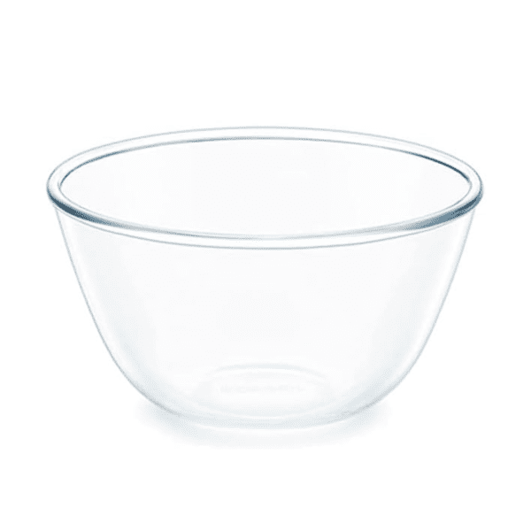 Empty Large Glass Bowl 27cm sitting on a kitchen counter.