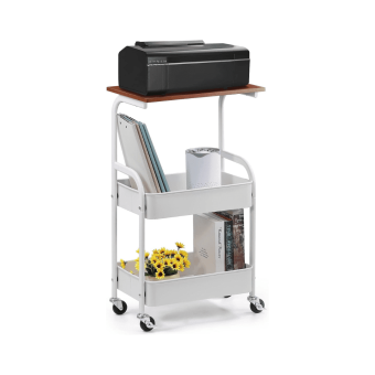 White Rolling Printer Stand with a printer on top and books in the baskets.