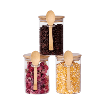 450ml Clear Airtight Glass Jar with bamboo lid and wooden spoon filled with bath salts.