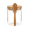 400ml Clear Airtight Glass Jar with bamboo lid and wooden spoon filled with sugar.