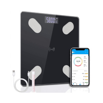 Bluetooth Body Fat Scale displaying digital weight reading on a bathroom floor.
