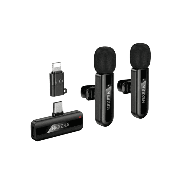 Nexera Wireless Dual Microphone kit with two transmitters and one dual-plug receiver.