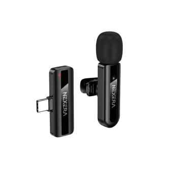Nexera Wireless Type-C Microphone transmitter clipped to a shirt with receiver connected to a phone.