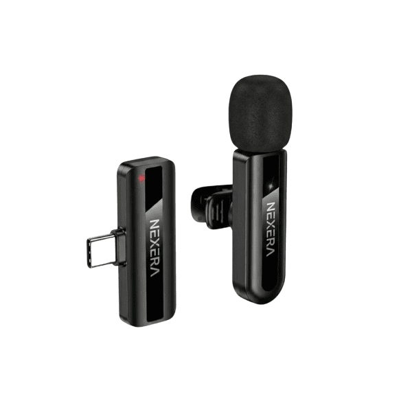 Nexera Wireless Type-C Microphone transmitter clipped to a shirt with receiver connected to a phone.