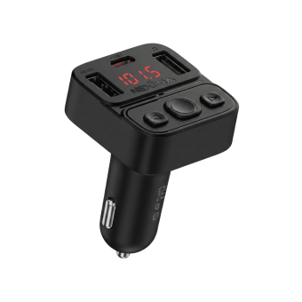 Nexera Bluetooth FM Transmitter plugged into a car socket displaying the LED frequency screen.