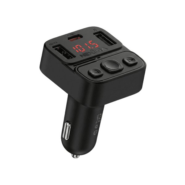 Nexera Bluetooth FM Transmitter plugged into a car socket displaying the LED frequency screen.