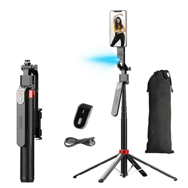 Q185 Auto Face Tracking Tripod standing on a floor with a phone recording a user.