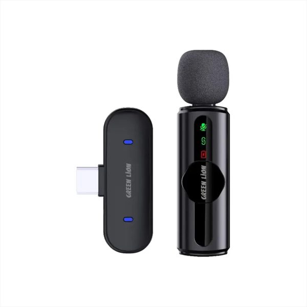 Green Lion GM-75X 3-in-1 Wireless Microphone kit with receiver connected to a smartphone.