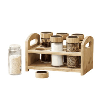 Momaz Bamboo Glass Jar Set displaying six 110ml glass jars